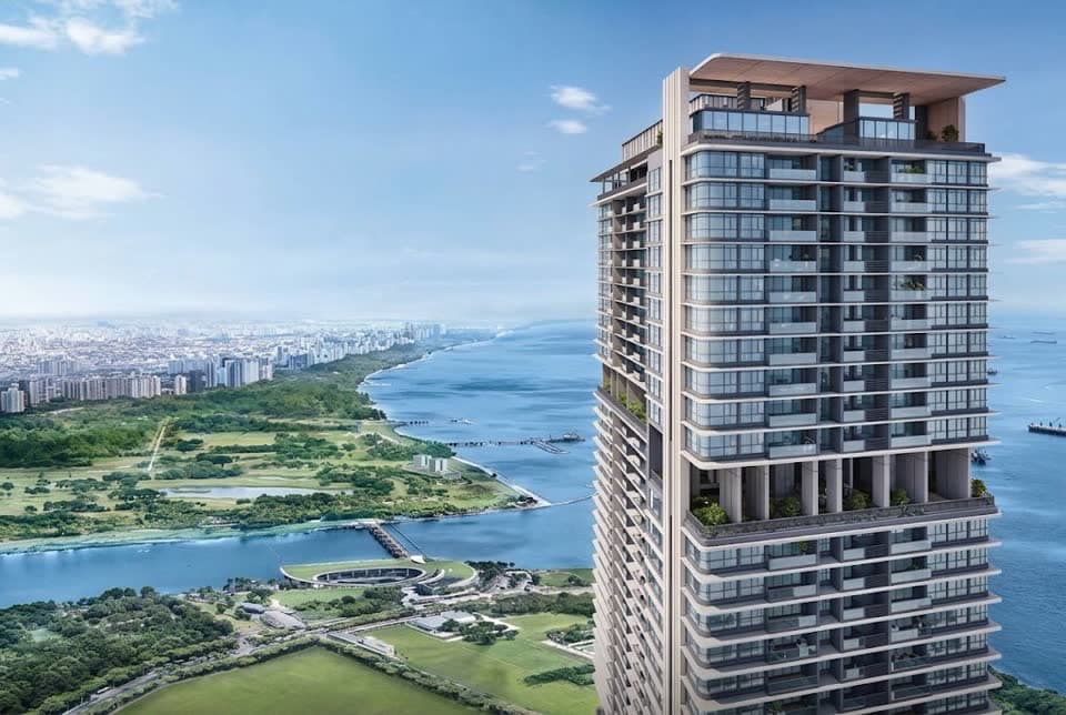 New launch waterfront high-rise condominium overlooking Singapore's coastline and city skyline